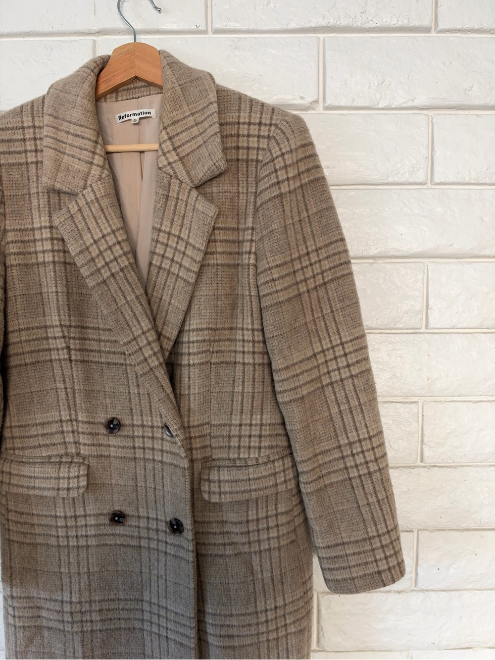 Reformation York Double Breasted Wool Blend Long Coat Brown Plaid Small - Picture 4 of 10